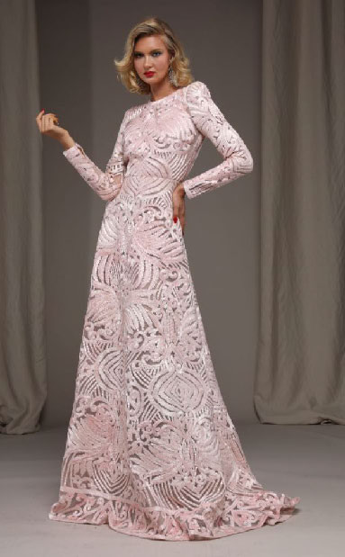Naeem Khan Ribbon Embroidered Long Sleeve Gown