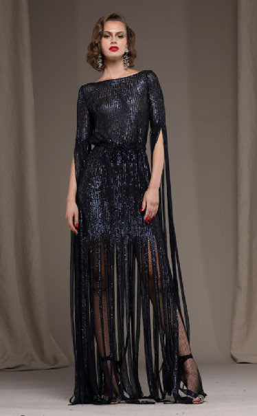 Naeem Khan Sequined Gown with Fringe Hem
