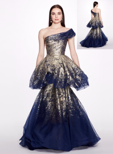 slim fit dress slacks Marchesa Notte Glitter Cape Gown