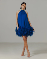 Catherine Regehr T Neck Dress with Ostrich Feather Hem