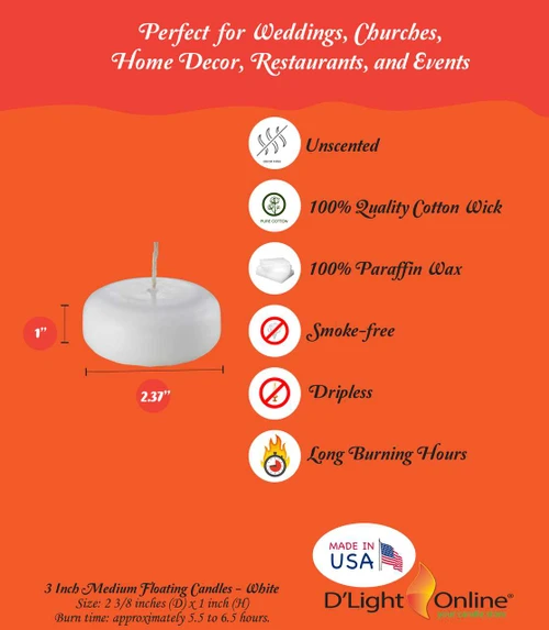 2 3/8 Inch White Bulk Medium Wholesale Floaters Bulk Pack for Events Floating Candles for Weddings, Spa, Home Décor, Special Occasions and Holiday Decorations (Set of 96, White) D'light Online Inc