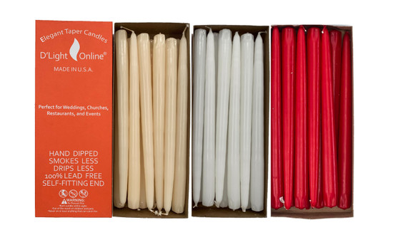 12 Inch Hand Dipped Taper Candles Bulk (144 Pieces of The Same Color Per case) Dripless - Smoke Less  With Self-Fitted End