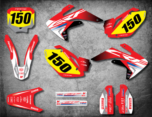 Image shows HONDA CRF 150 R 2007 2008 2009 2010 2011 2012 2013 2014 2015 2016 2017 2018 2019 2020 model decal kit