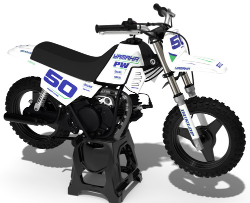 Yamaha PW50 MX custom graphics Sinister White style decals Side view.