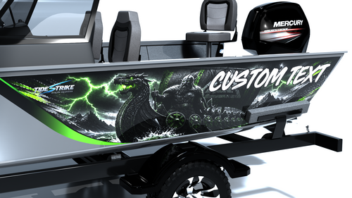 Custom boat wrap Viking Fury close up