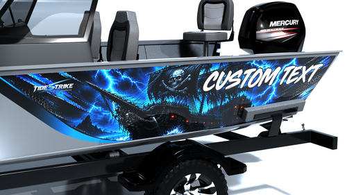 Custom boat wrap Ghost Ship Blue close up