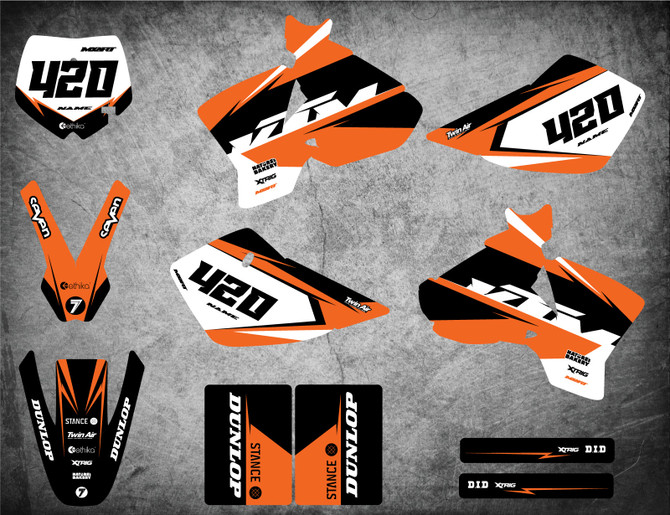 KTM 50 SX graphics Australia, image shows KTM SX 50 2002 2003 2004 2005 2006 2007 2008 2009 model sticker kits.