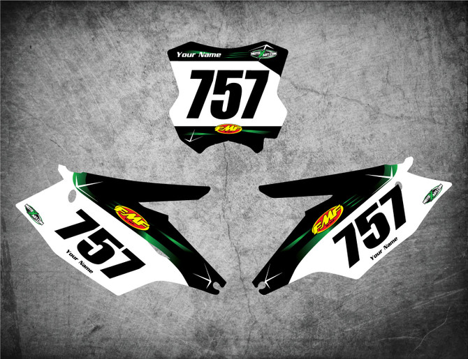 Kawasaki number plate Graphics kits Australia, dirt bike sticker kits, premium quality, FREE SHIPPING Australia, super fast turnaround, unbeatable prices. BARBED STYLE.