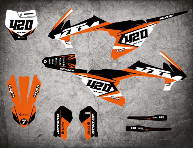 KTM 65 SX decals Australia, image shows KTM 65 2016 2017 2018 2019 2020 2021 models. Free shipping on all KTM 65SX graphics kits in Australia.