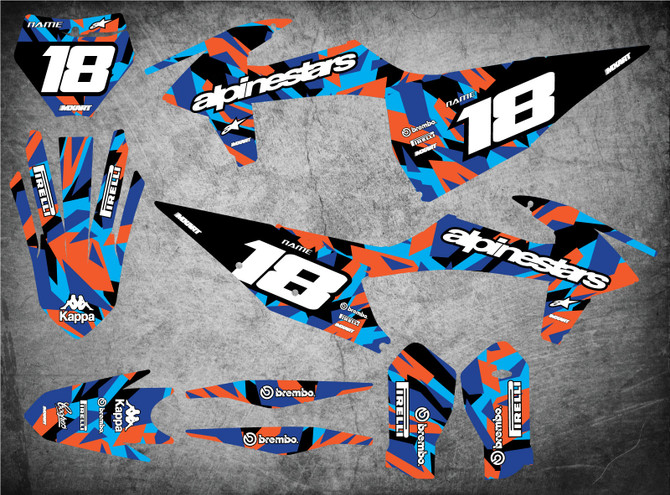 Pro grade KTM graphics. Free shipping Australia, image shows KTM SX SXF2019 2020 2021 model sticker kits.