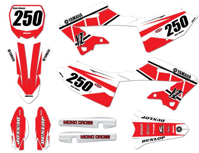 Yamaha YZ250 retro graphics kit. Premium quality YZ250 graphics Australia. All our YZ 250 sticker kit decals are made to order at our Brisbane factory.