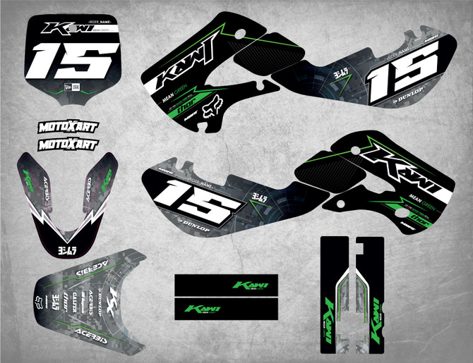 Kawasaki sticker kits Australia image shows Kawasaki KX 65 graphics kit. Free shipping in Australia.