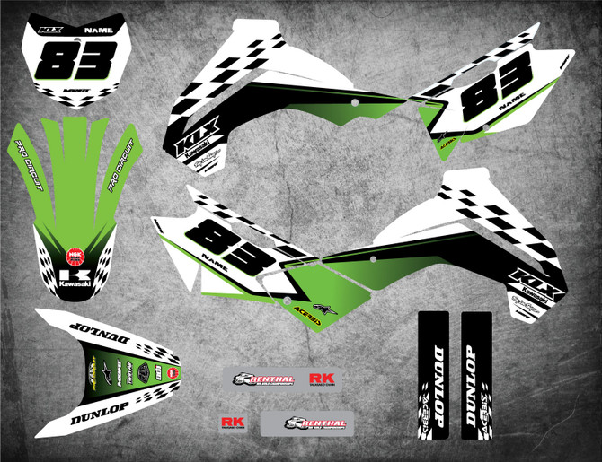 Kawasaki KLX 140 graphics kits Australia. Image shows models 2008 2009 2010 2011 2012 2013 2014 2015 2016 2017 2018. Free shipping on all Kawasaki KLX 140 decals in Australia.