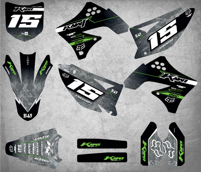 Kawasaki sticker kit Australia. Image shows Kawasaki KXF 450 KX 450F 2009 2010 2011 models. Free shipping on all Kawasaki graphic kits in Australia.