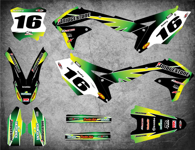 Kawasaki dirt bike graphics kits Australia. Premium quality kawasaki sticker kits. SUNRISE style.