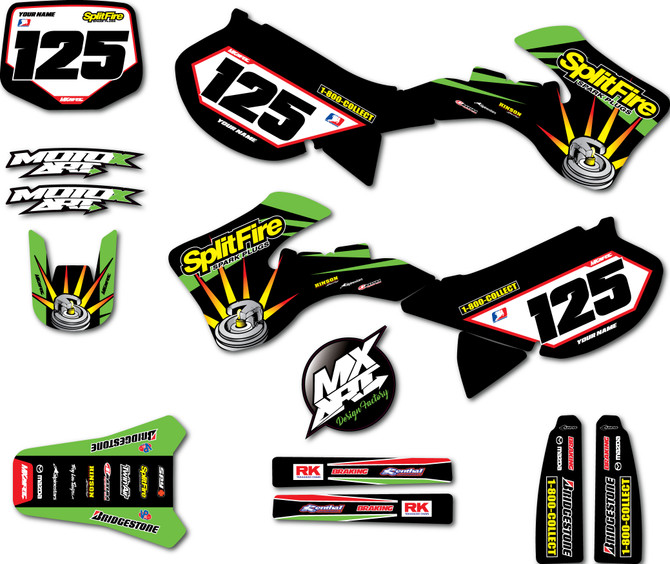 Kawasaki KX 250 sticker kit Rythm style, image shows KX250 1999 2000 2001 2002 model design.