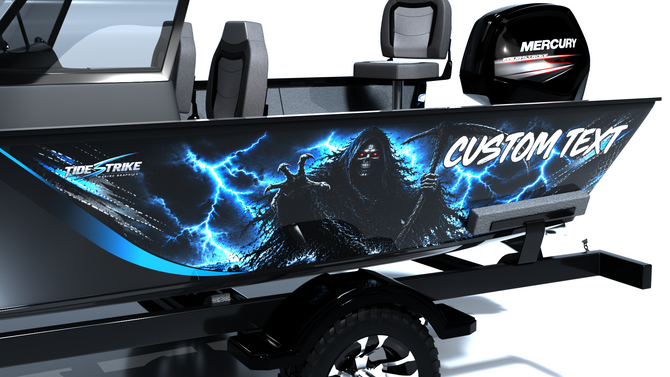 Custom boat wrap Reaper Rising close up