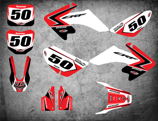 Image shows HONDA CRF 50 decal kit suits models 2004 2005 2006 2007 2008 2009 2010 2011 2012 2013 2014 2015 2016 2017 2018 2019 2020 stickers Australia