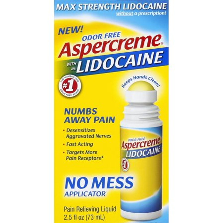 Aspercreme Odor Free Max Strength Lidocaine Pain Relief Liquid With Roll-On No Mess Applicator, 2.5 oz. 2pk