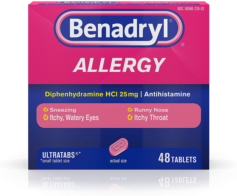 Benadryl Ultratabs Antihistamine Allergy Relief Tablets, Diphenhydramine HCl 25mg, 48 ct