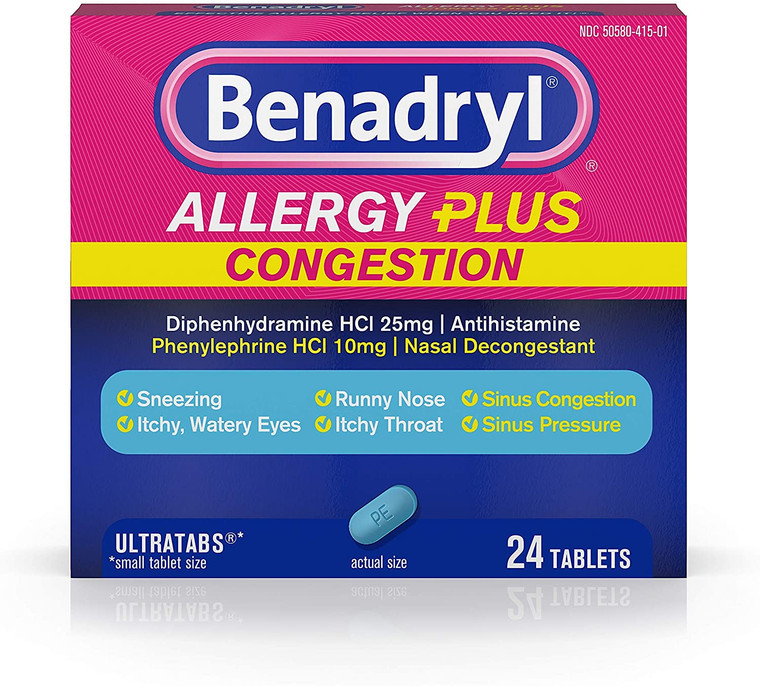 Benadryl Allergy Plus Congestion Ultratabs, Nasal Congestion Relief, Allergy Tablets, 24 Ct