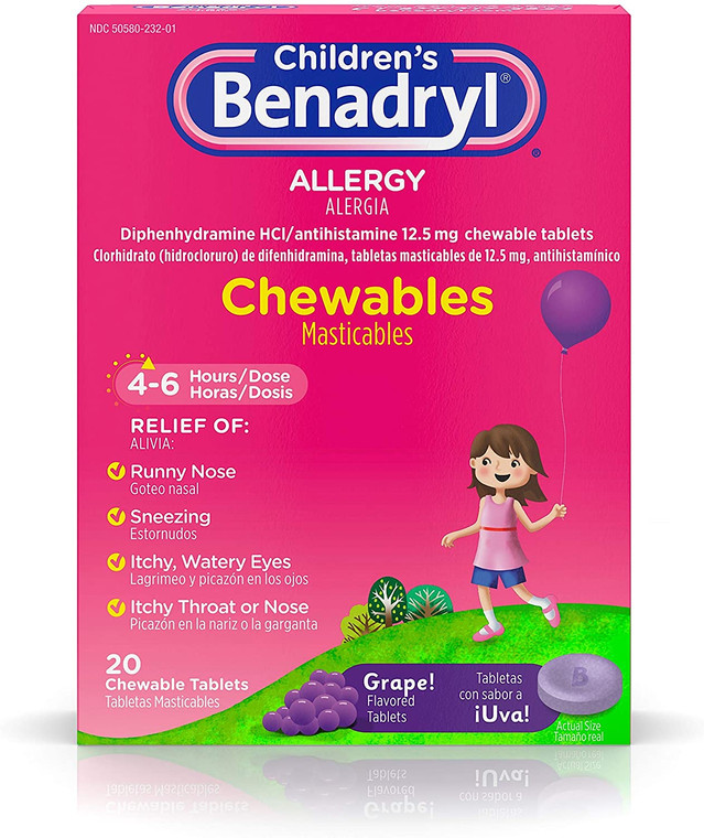 Children's Benadryl Allergy Chewables with Diphenhydramine HCl Antihistamine, Grape Flavor, 20 Count