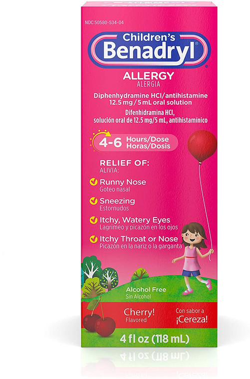 Children's Benadryl Allergy Liquid Medicine with Diphenhydramine HCl, Cherry, 4 fl. oz