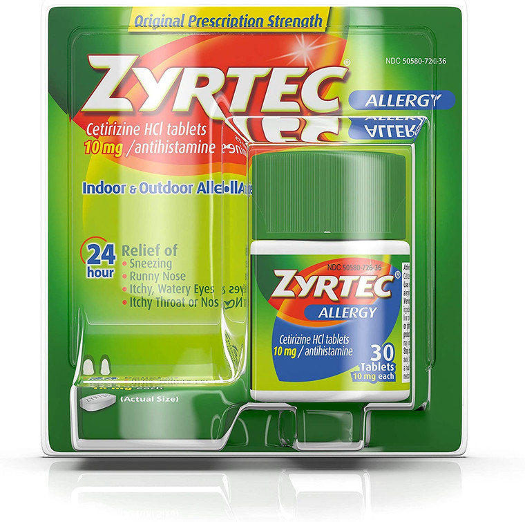 Zyrtec 24 Hour Allergy Relief Tablets, 10 mg Cetirizine HCl Antihistamine Allergy Medicine, 30 ct