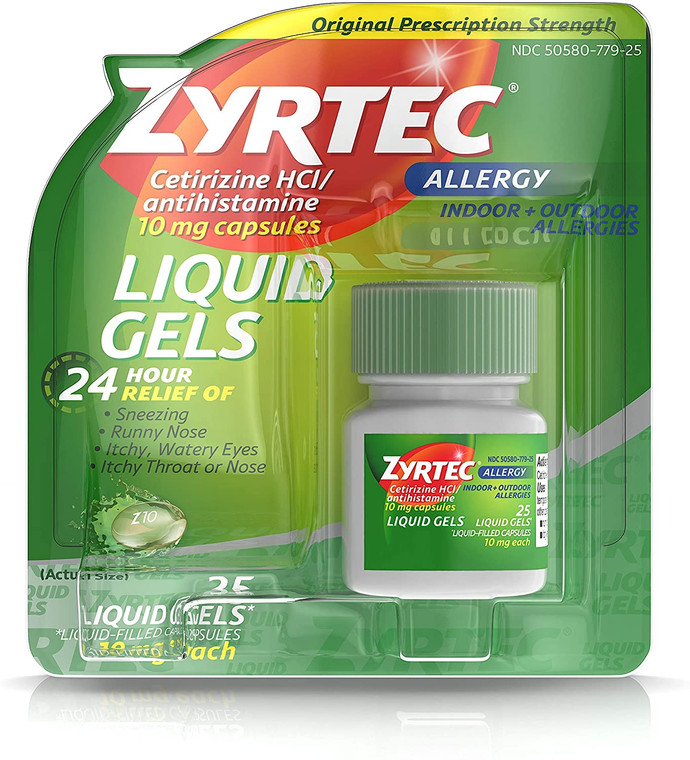 Zyrtec 24 Hour Indoor & Outdoor Allergy Liquid Gels, Antihistamine Capsules with Cetirizine Hydrochloride for All-Day Allergy Relief, 25 ct