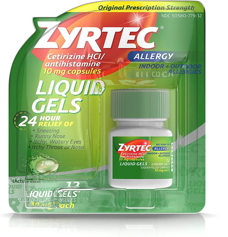 Zyrtec 24 HR Indoor & Outdoor Allergy Liquid Gels Capsules, Cetirizine HCI Antihistamine, 12 ct
