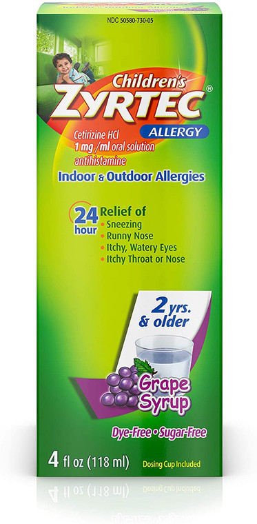 Zyrtec 24 Hr Children's Allergy Syrup with 5mg Cetirizine, Dye-Free & Sugar-Free 24-Hour All Day Kid's Allergy Relief Medicine for Indoor & Outdoor Allergies, Grape Flavor, 4 fl. oz