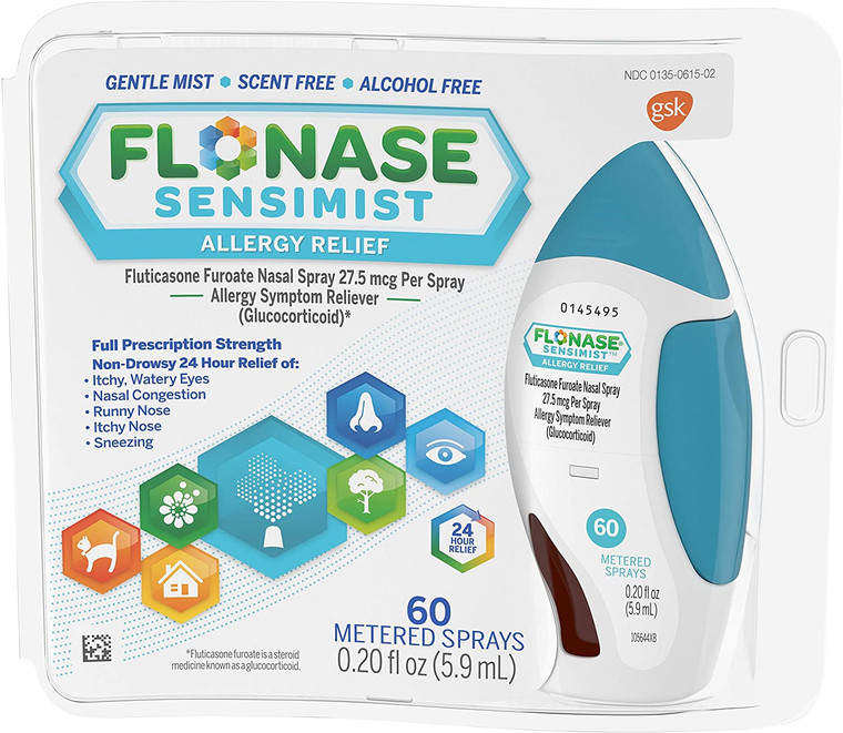 Flonase Sensimist Allergy Relief Nasal Spray, Allergy Medicine Scent-Free Alcohol-Free Gentle Mist 24 Hour Non-Drowsy, 60 sprays, 0.20 Fl Oz
