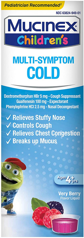 Mucinex Children's Multi-Symptom Cold Relief Liquid- Relieves Stuffy Nose, Chest Congestion, Cough & Mucus, Expectorant & Cough Suppressant With Dextromethorphan, Guaifenesin, Phenylephrine, 4 oz.
