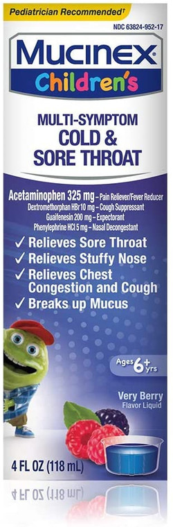 Cold, Cough, and Sore Throat, Mucinex Children's Cold, Cough, & Sore Throat Liquid, Mixed Berry, 4oz