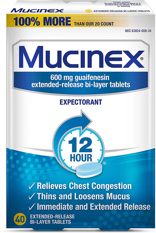 Mucinex 12 Hour Extended Release Tablets, 40ct, 600 mg Guaifenesin Relieves Chest Congestion Caused by Excess Mucus