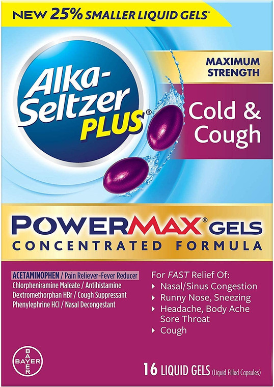 Alka-Seltzer Plus Maximum Strength Powermax Liquid Gels, Cold & Cough, 16 Count