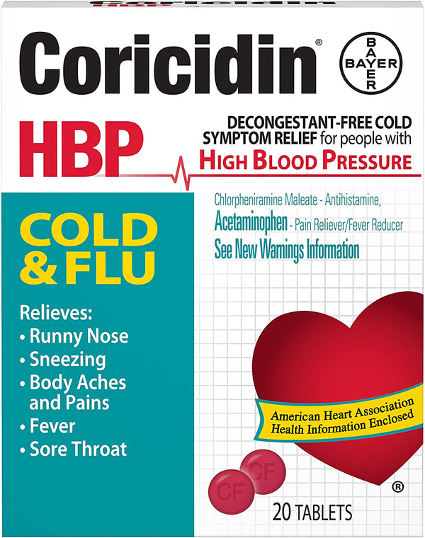 Coricidin HBP, Decongestant-Free Cold Symptom Relief, 20 Count