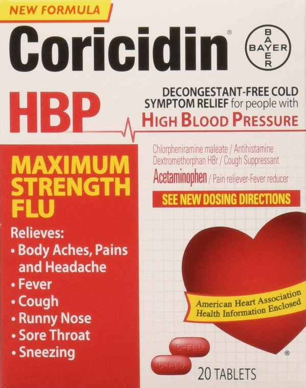 Coricidin High Blood Pressure Maximum Strength Flu Medicine Tablets - 20 Count