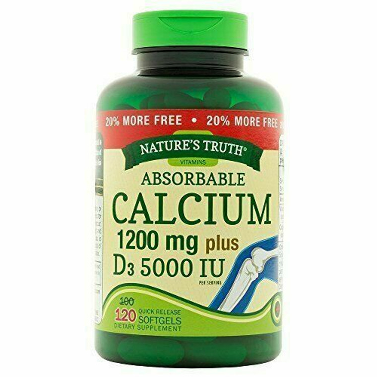 Absorbable Calcium 1200 mg with Vitamin D3 5000 IU | 120 Softgels | Calcium Carbonate Supplement | Non-GMO Gluten Free | Nature's Truth