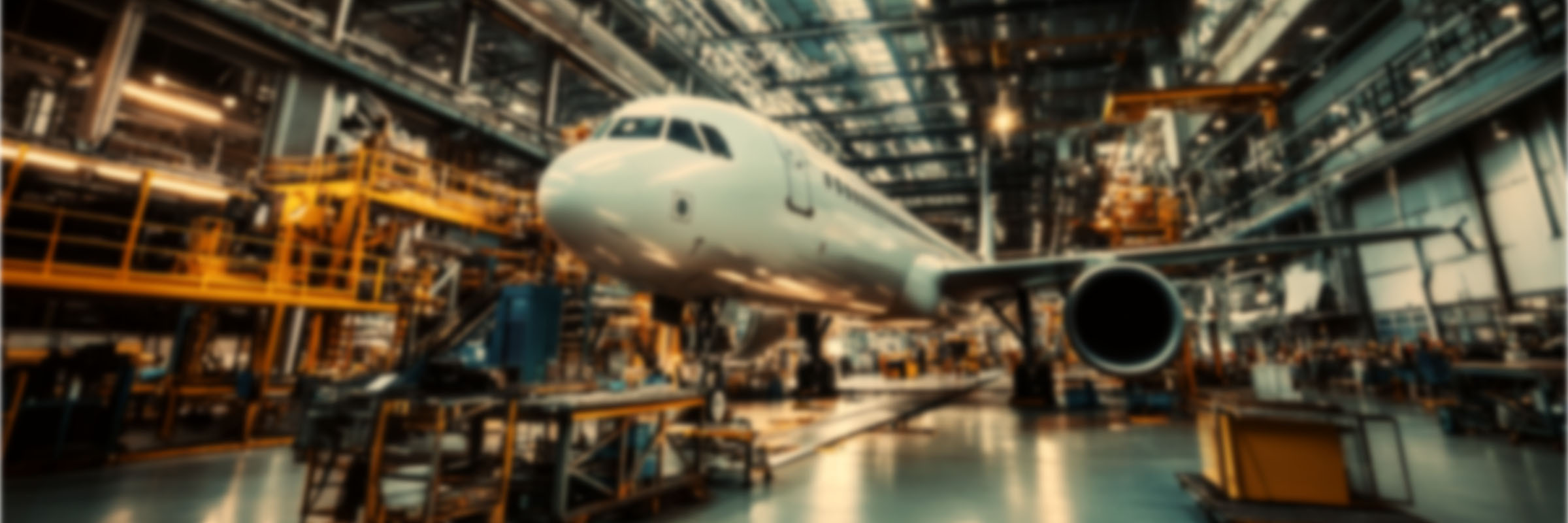 Airplane assembly facility with white passenger jet