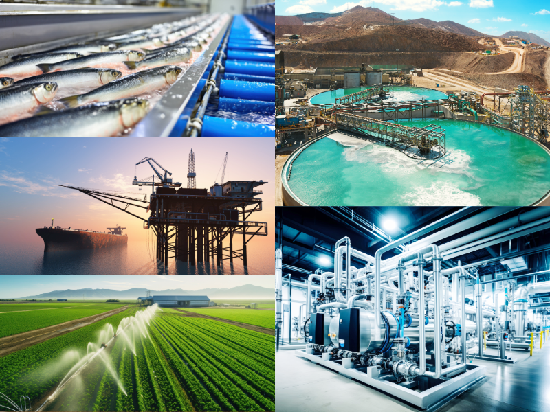 Image collage of industrial industries: seafood processing, oil and gas, mining, agriculture, chemicals