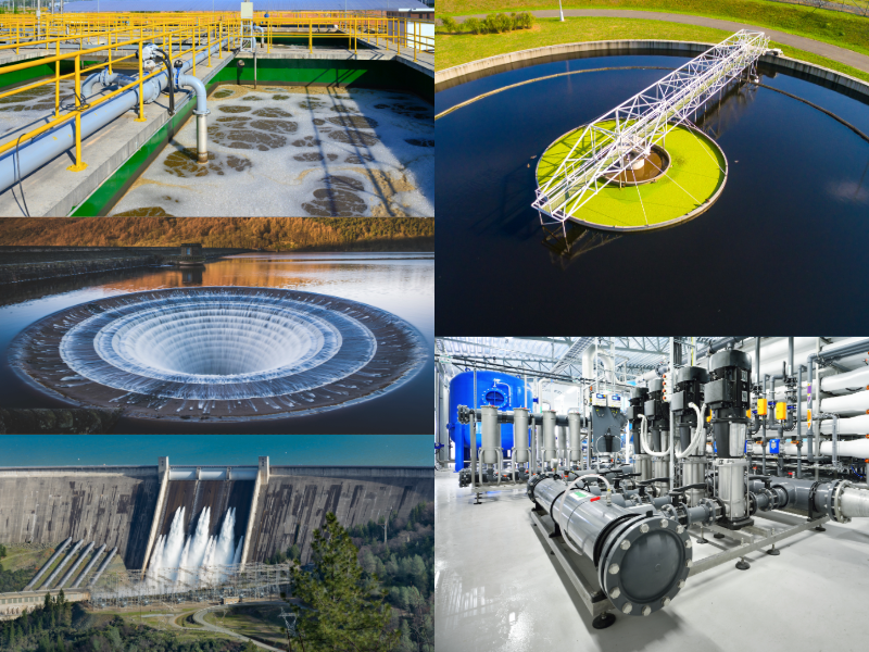 Image collage of water treatment plants,  reservoir and a dam