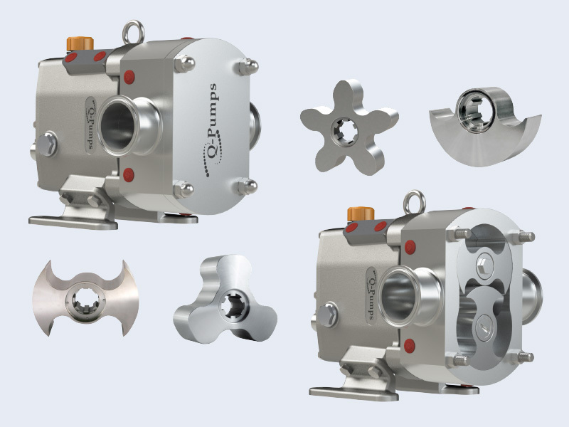 Rotary lobe pump, pump cutaway, and lobe examples from Q Pumps