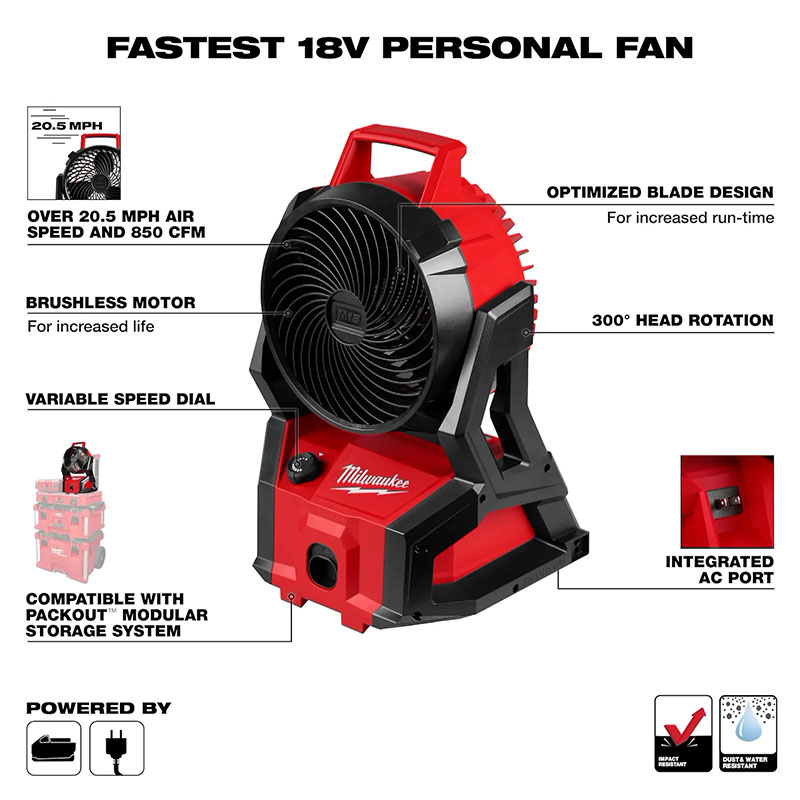 JOBSITE FAN M18 BRUSHLESS PACKOUT (MIL-0818-20) - Ballard Industrial