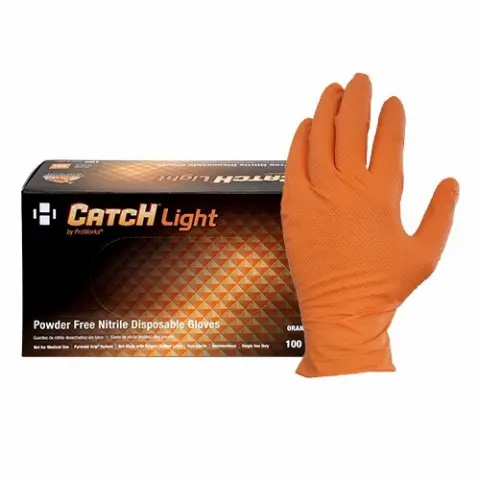 GLOVES NITRILE PYRAMID GRIP ORANGE CATCH LITE POWDER FREE 6 MIL