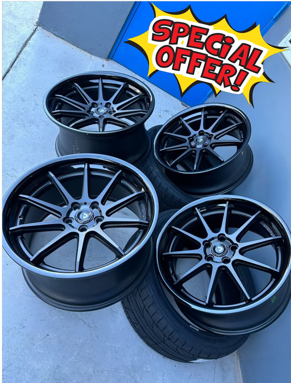 SET (4), ADVENTUS ADV& SATIN BLACK CENTER GLOSS BLACK LIP 5X115/5X114.3 CHALLENGER, CHARGER, 350Z/370Z… 