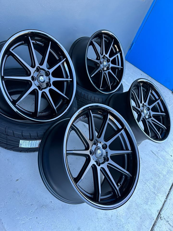 SET (4), ADVENTUS ADV& SATIN BLACK CENTER GLOSS BLACK LIP 5X115/5X114.3 CHALLENGER, CHARGER, 350Z/370Z… 