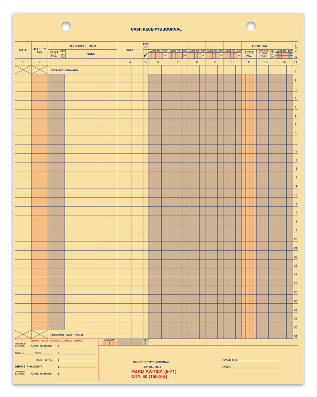 Cash Receipt Journal - AA-1301 - BUFF - Qty. 50