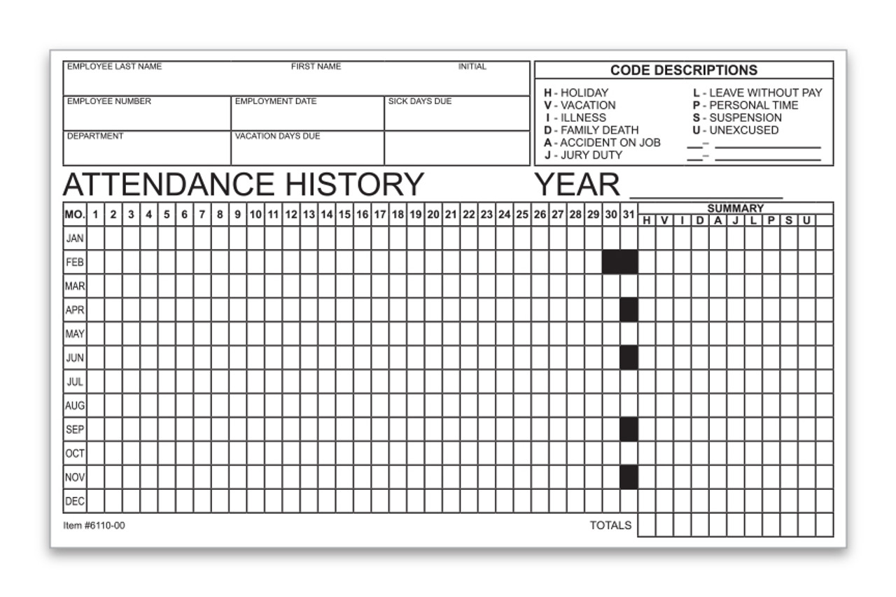 Employee Attendance Tracker Form - Qty of 50