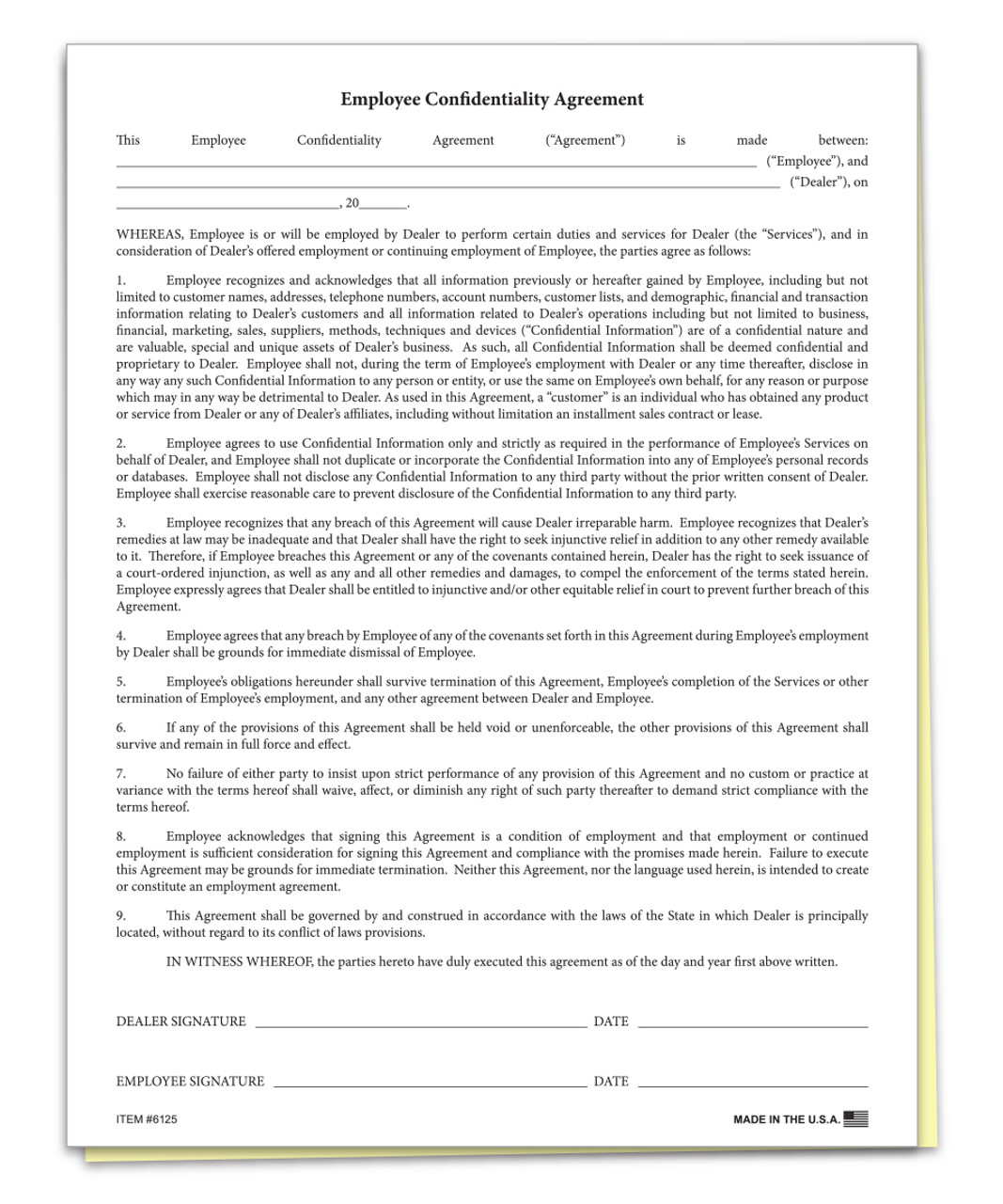Employee Confidentiality Agreement Form - Qty of 100